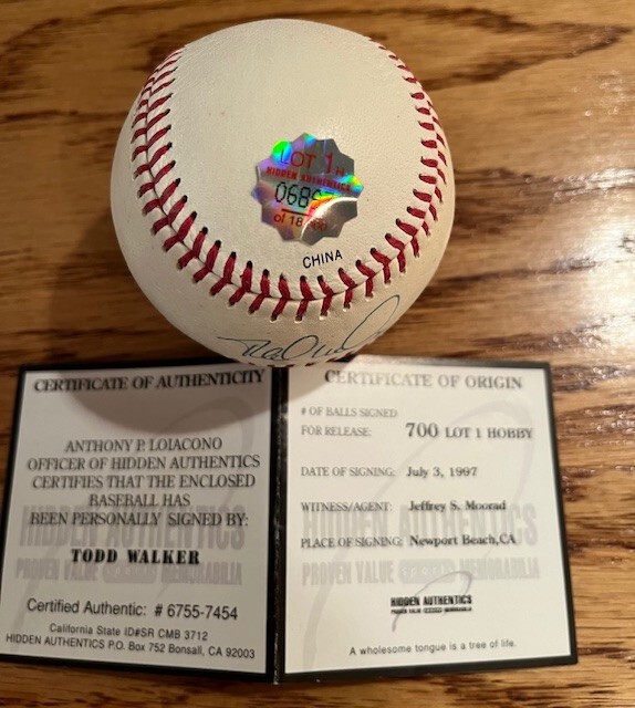 TODD WALKER Autographed Signed Official League Baseball Hidden Authentics COA