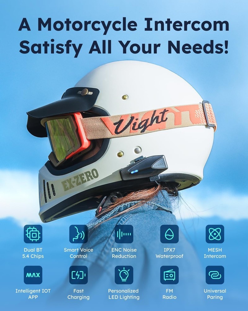 S1 Motorcycle Bluetooth Headset with 3 Intercom Modes, 8-Rider Mesh Grey