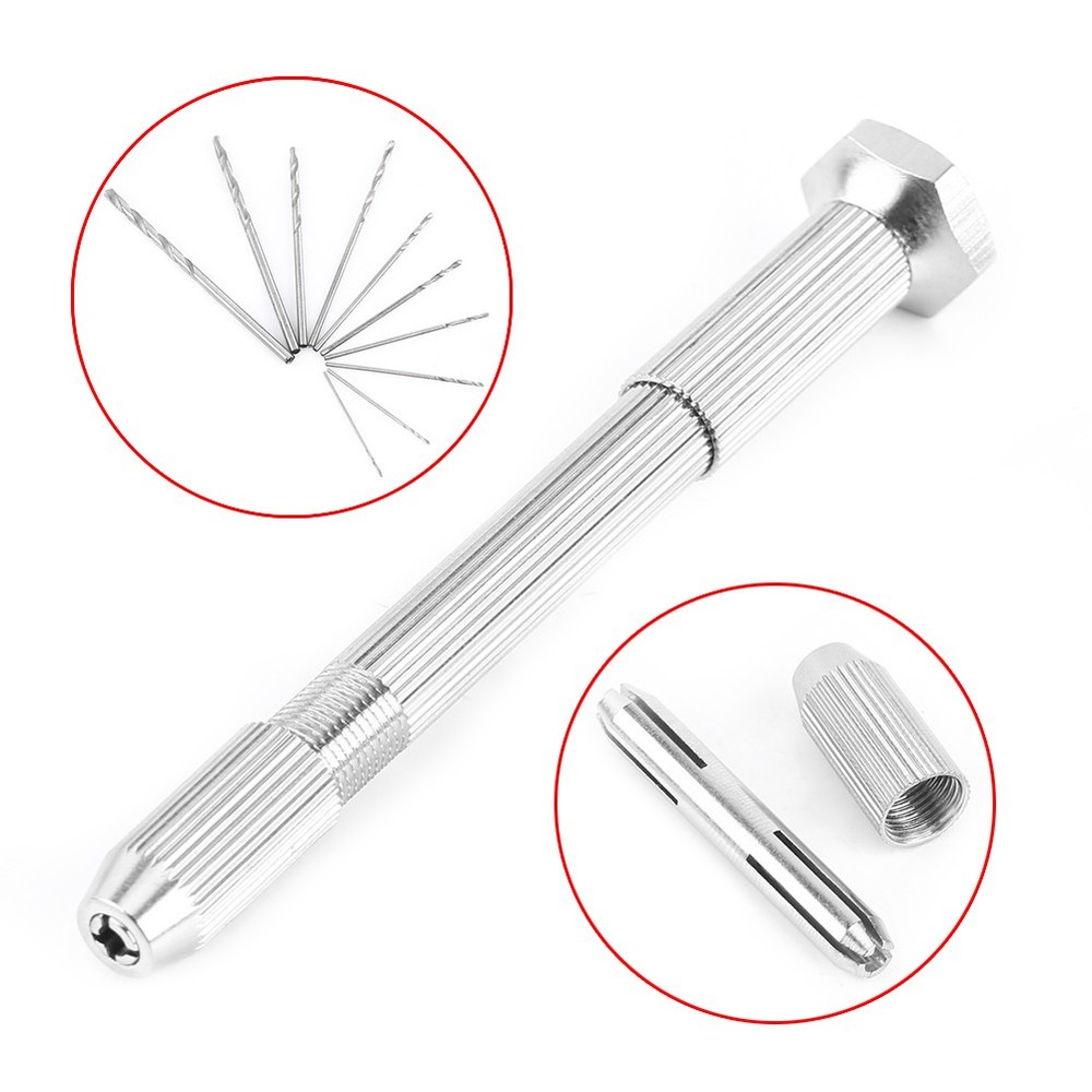 Silver Color Hand Twist Drill With 10 HHS Drill Bits Drilling Tool For PCB New