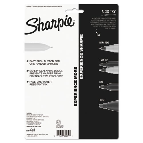 Sharpie Assorted Retractable Permanent Marker, Extra-Fine Needle Tip, 8/Set