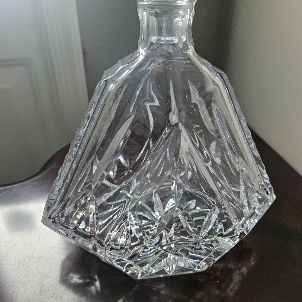 Vintage Block Cut Crystal Triangular Decanter & Stopper Olympic Pattern Heavy