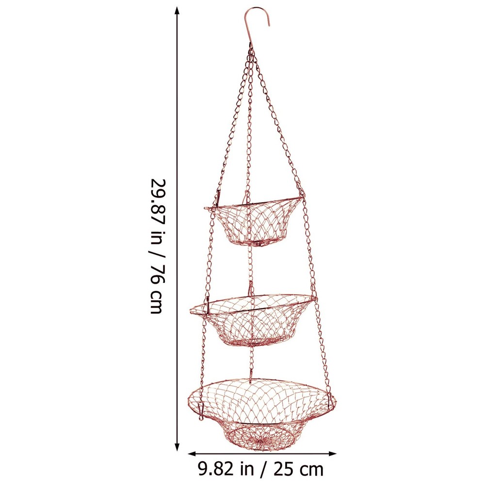 3-Tier Copper Hanging Fruit Basket Foldable Wire Storage Organizer for Kitche...