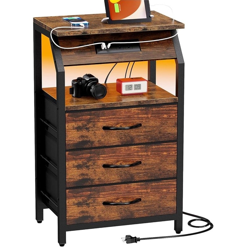 LED Nightstand W/ USB Charging Ports Compact Storage Solution Bedroom/Office