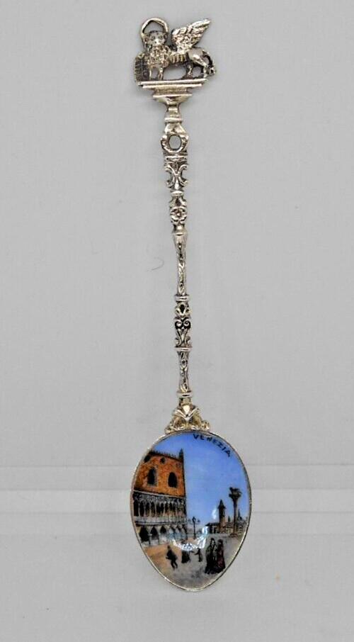 Antique Venice 800 Silver Spoon Enameled Bowl
