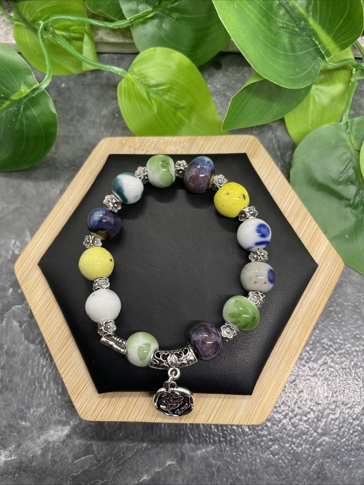 Handmade Ceramic Bead Beaded Stackable 6.25” Plus Stretch Bracelet New B220