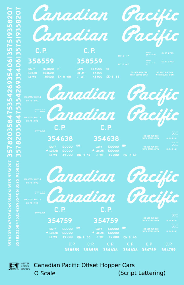 K4 O Scale Decals Canadian Pacific Offset Hopper White Script