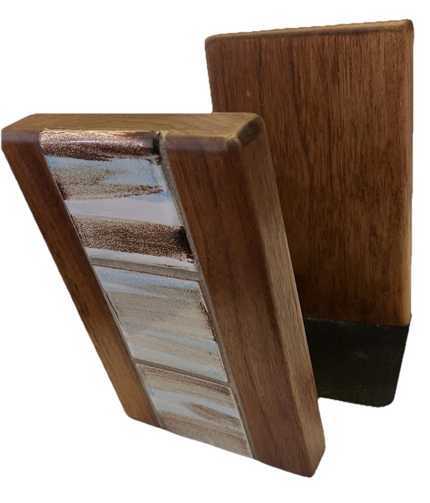 Gordon Jane Martz For Marshall Studios Ceramic Tile Walnut Bookends MCM 1960s