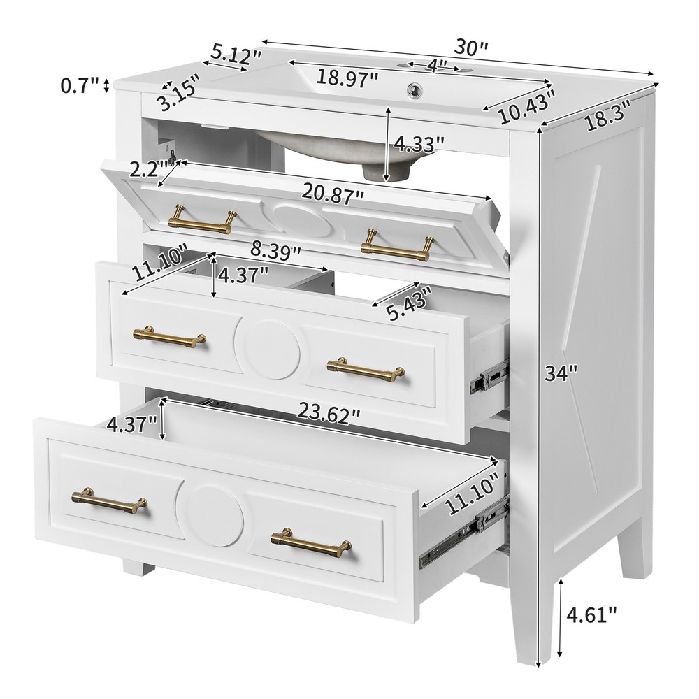 Bathroom dressing table - white, ceramic sink set, 3 drawers, solid wood frame