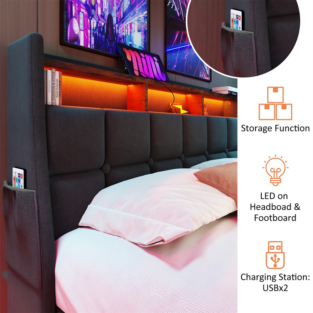 Queen Size LED Bed Frame Upholstered Platform Bed with Hydraulic Storage System