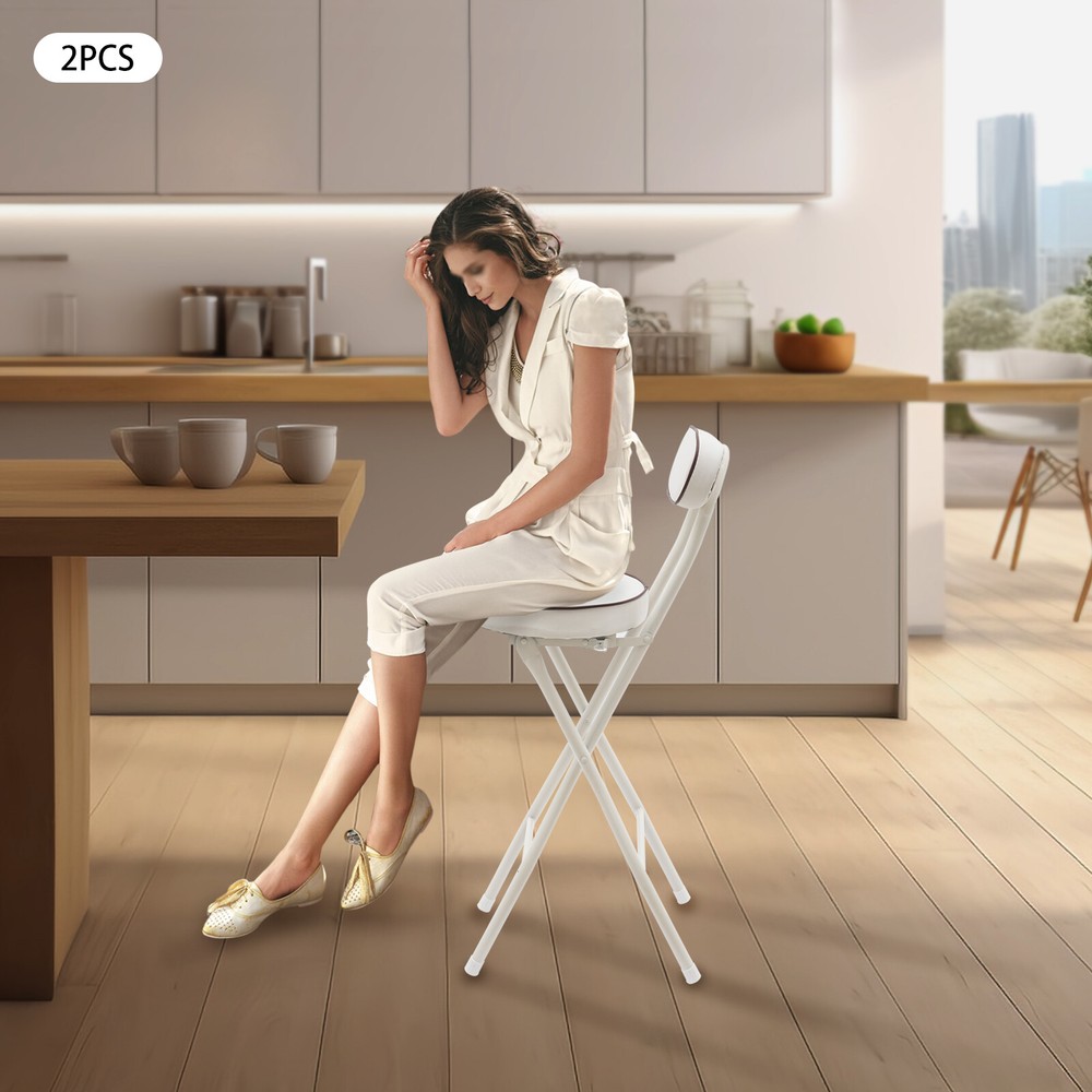 2PCS Bar Stool Portable Folding Stool Padded Folding High Chairs White Modern