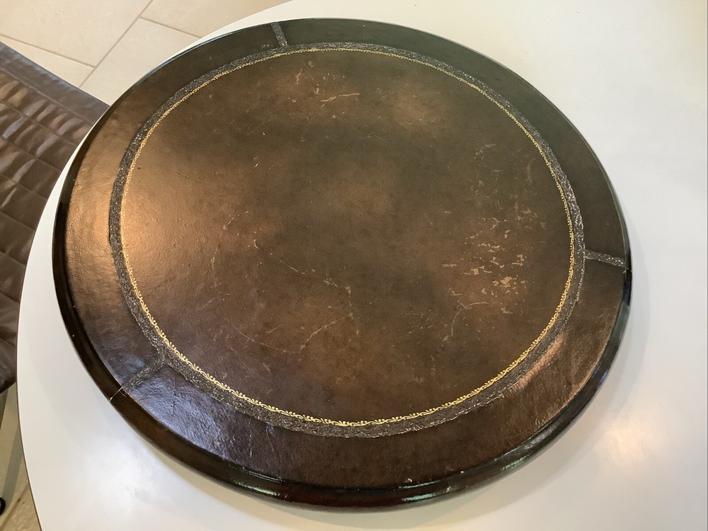 Vintage Tooled Leather Covered Table Top Or display Stand WOW