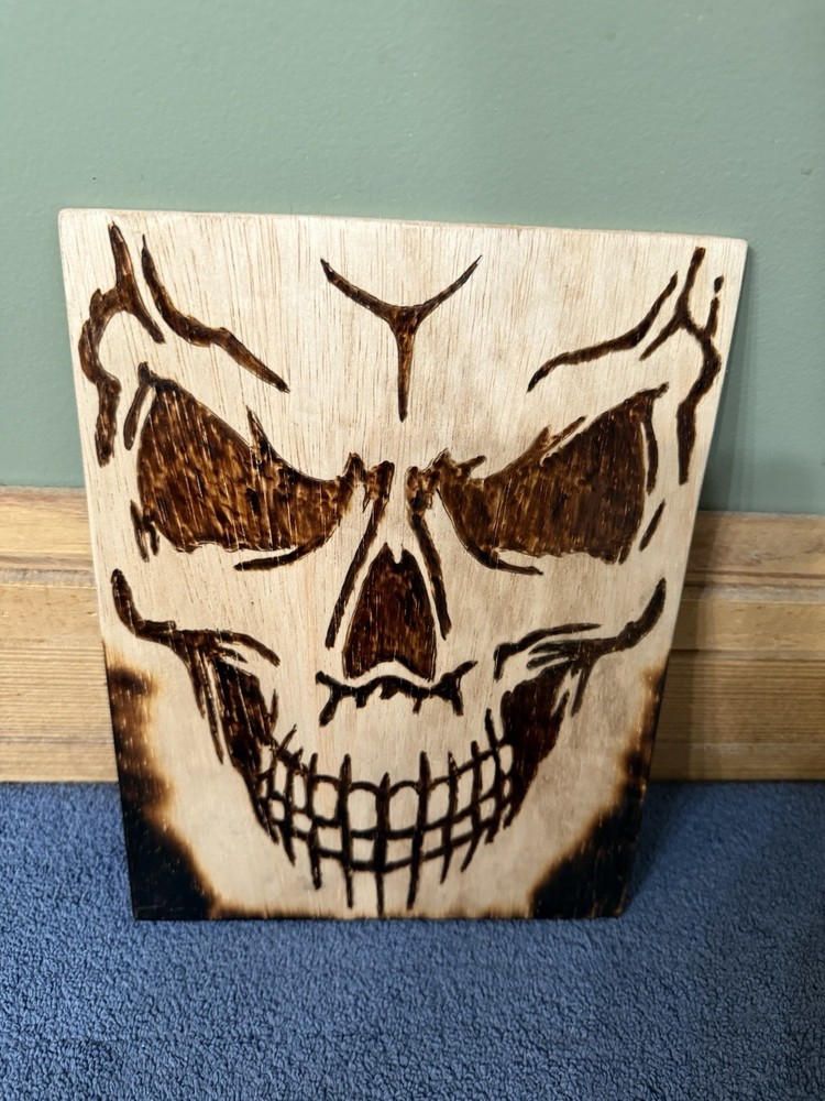 Handmade Pyrography Full Face Skull 8x10” Wall Hanging