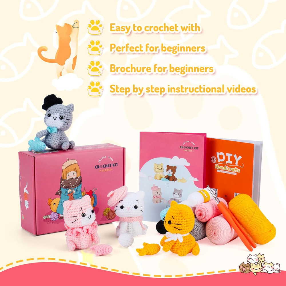 Crochet Kit for Beginners - Cat Crochet Kit with Step-By-Step Video Tutorials, L