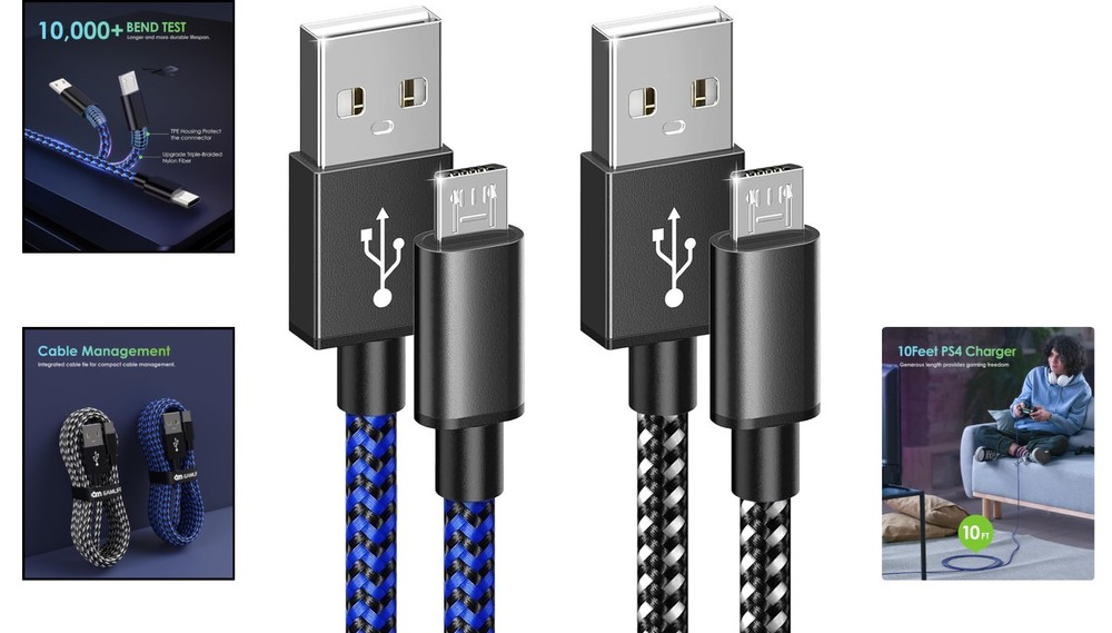 10FT Nylon Braided Micro USB Cables for PS4/Xbox Controllers - Fast Syncing
