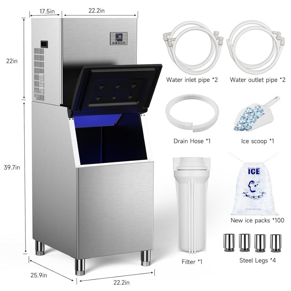 Commercial Ice Maker Machine 550LBS/24H Air-Cooled Ice Machine with Storage Bin