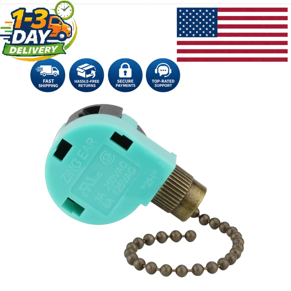 Ceiling Fan Switch 3 Speed 4 Wire Zing Ear ZE-268S6 Pull Chain Switch Control...