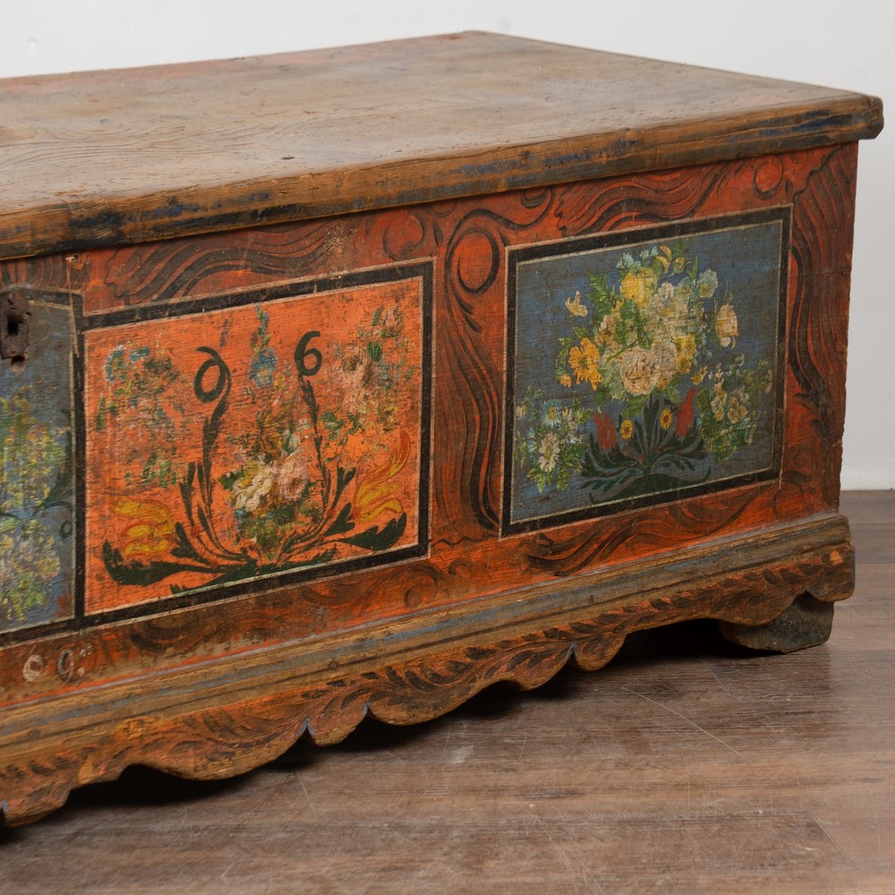 Long Narrow Hand Painted Pine Trunk Bench, Dated 1889