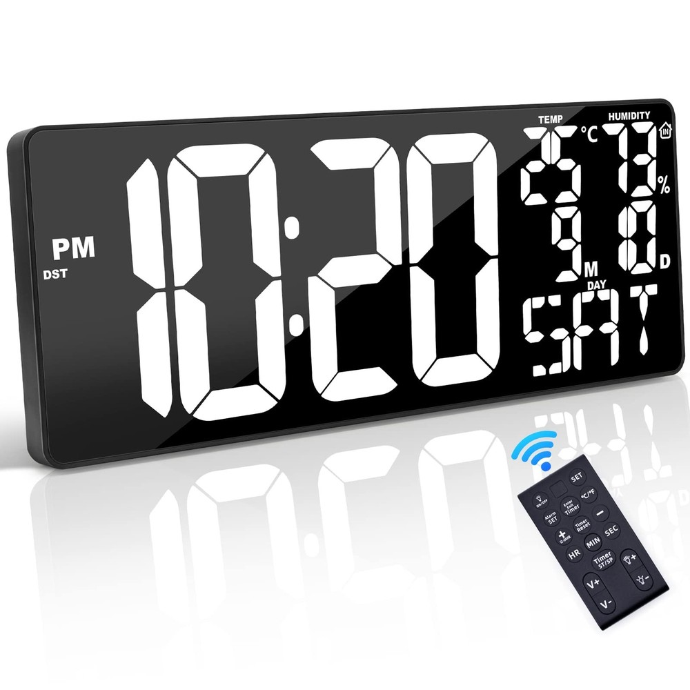18 Inch Oversized Digital Wall Clock with Remote Control, Auto-Dimming, Tempe...