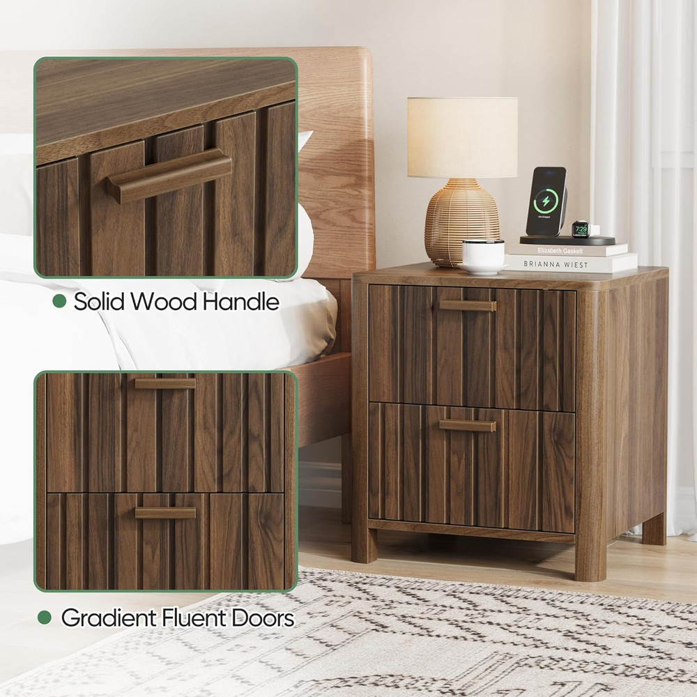 Walnut Fluted Mid Century Nightstand with Seamless Drawer and Solid Wood Handle