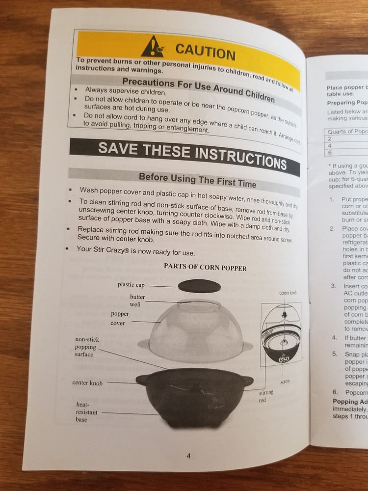 Back to Basics STIR CRAZY Popcorn Corn Popper Replacement Instruction Manual