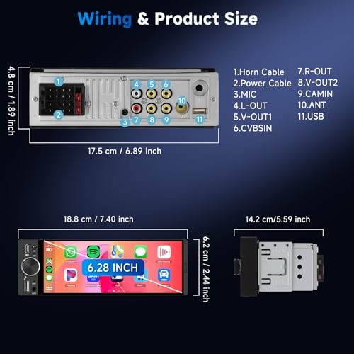Upgrade Single Din Car Stereo, Wireless CarPlay Android Auto, 6.28'' Single