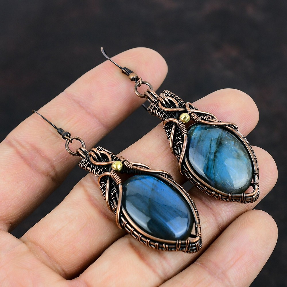 Labradorite Copper Valentine Gift Wire Wrapped Drop/Dangle Earrings 2.87"