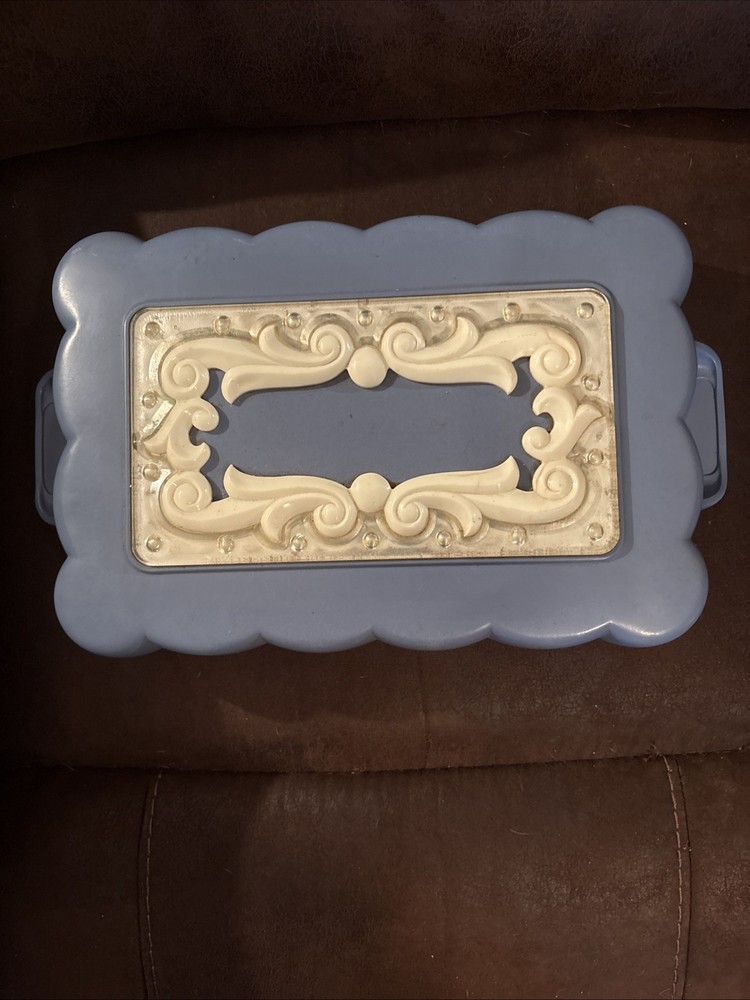 Vintage Dusty Blue Plastic Makeup Storage Box with Scrollwork