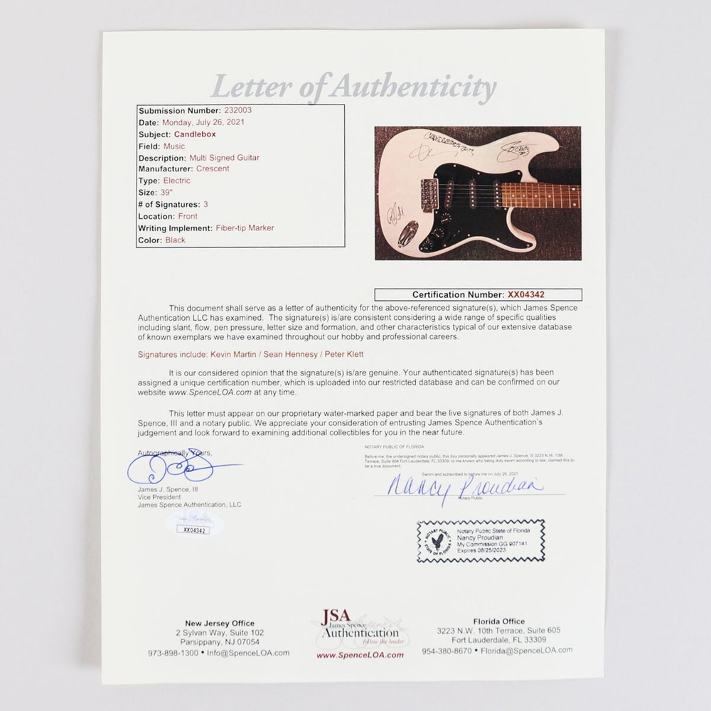 Candlebox Band Signed Guitar - COA JSA