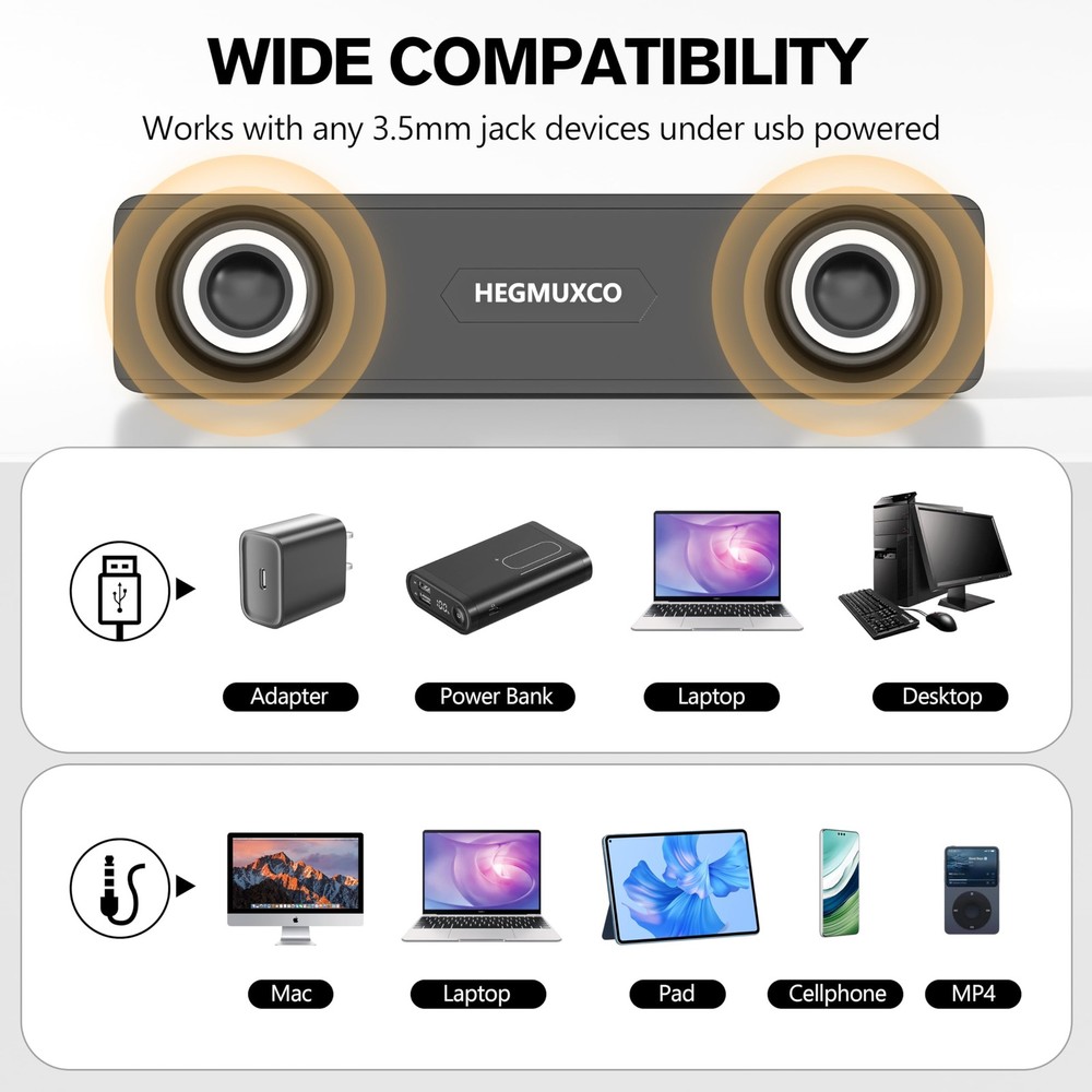 Compact PC Speakers for Desktop - 10W Wired Stereo Speaker with Volume Control
