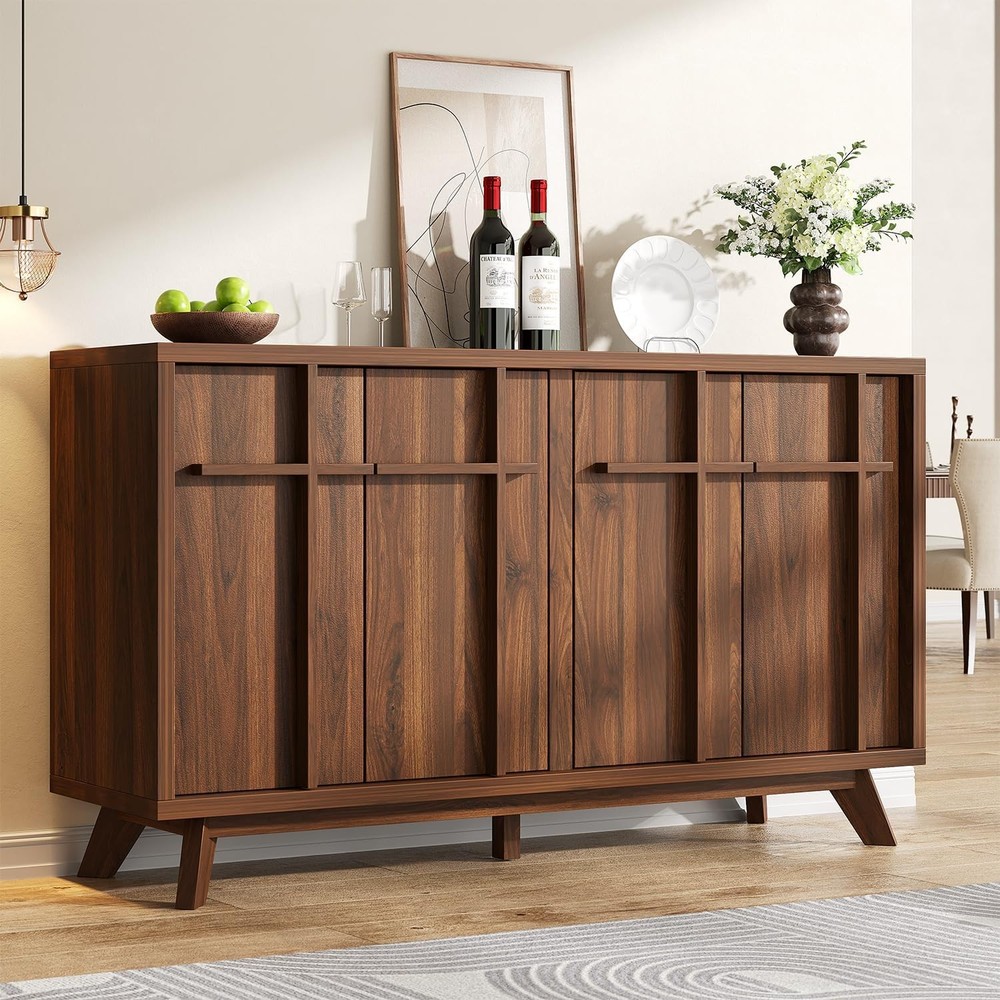 59" Walnut Credenza Sideboard 4 Doors Buffet