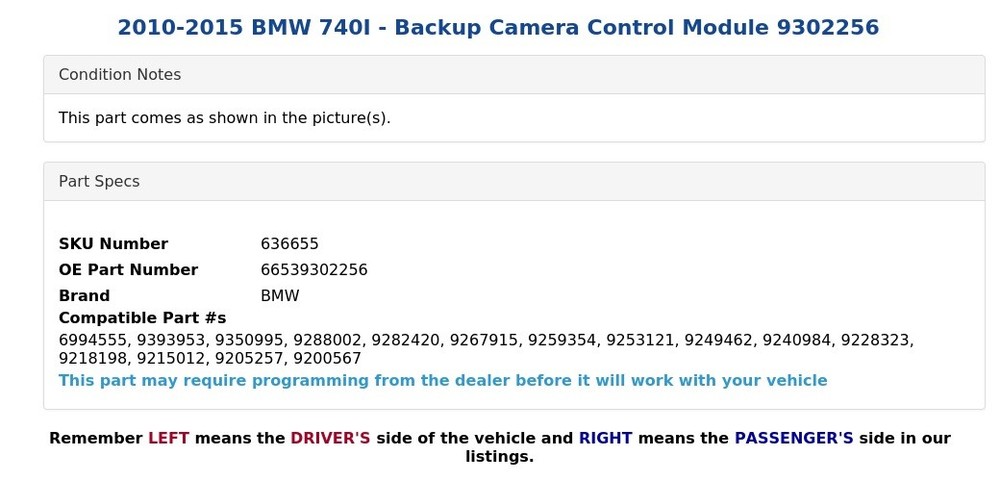 2010-2015 BMW 740I - Backup Camera Control Module 9302256