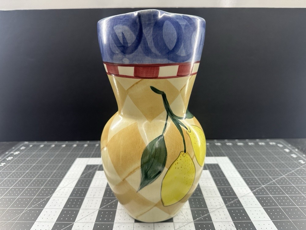 Ceramic Pitcher Checkboard Lemons Hand Painted For Lemonade Drinks Punch