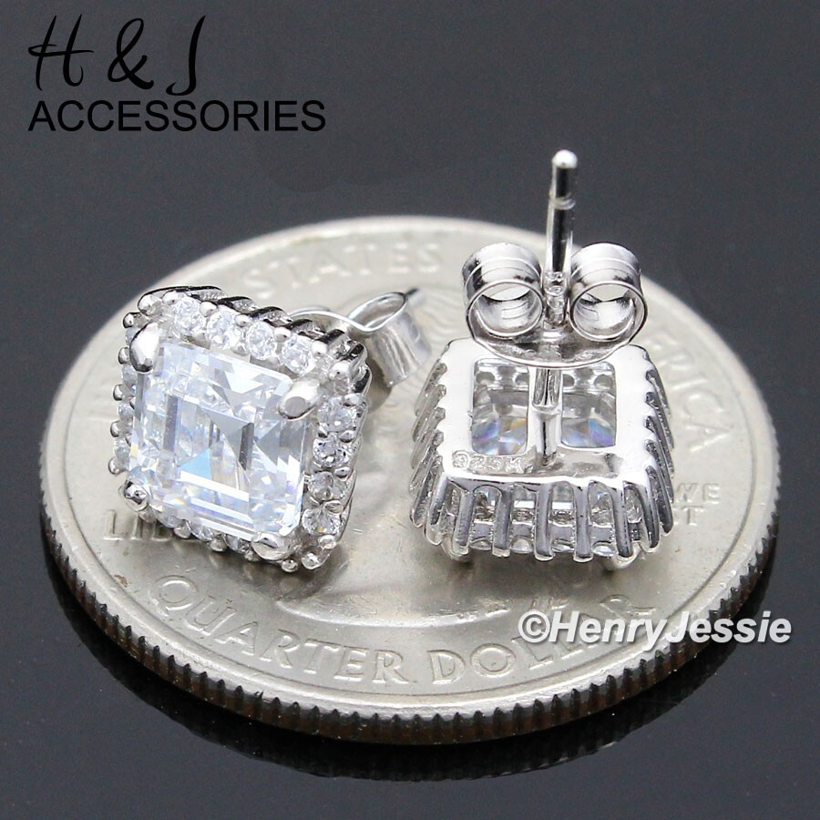 MEN SOLID 925 STERLING SILVER ICY CZ 8MM SQUARE 3D PUSH BACK STUD EARRING*AE239