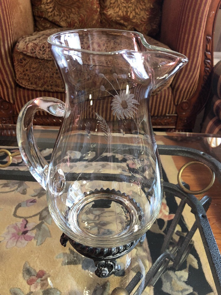 Antique Etched Glass Wheat Quadruple silver Base Pitcher
