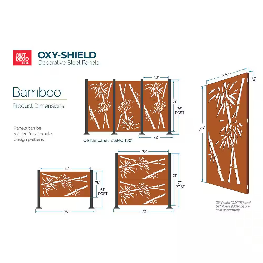 Bamboo 3 Ft. X 6 Ft. Oxy-Shield Weathered Steel Decorative Screen Panel in Rust