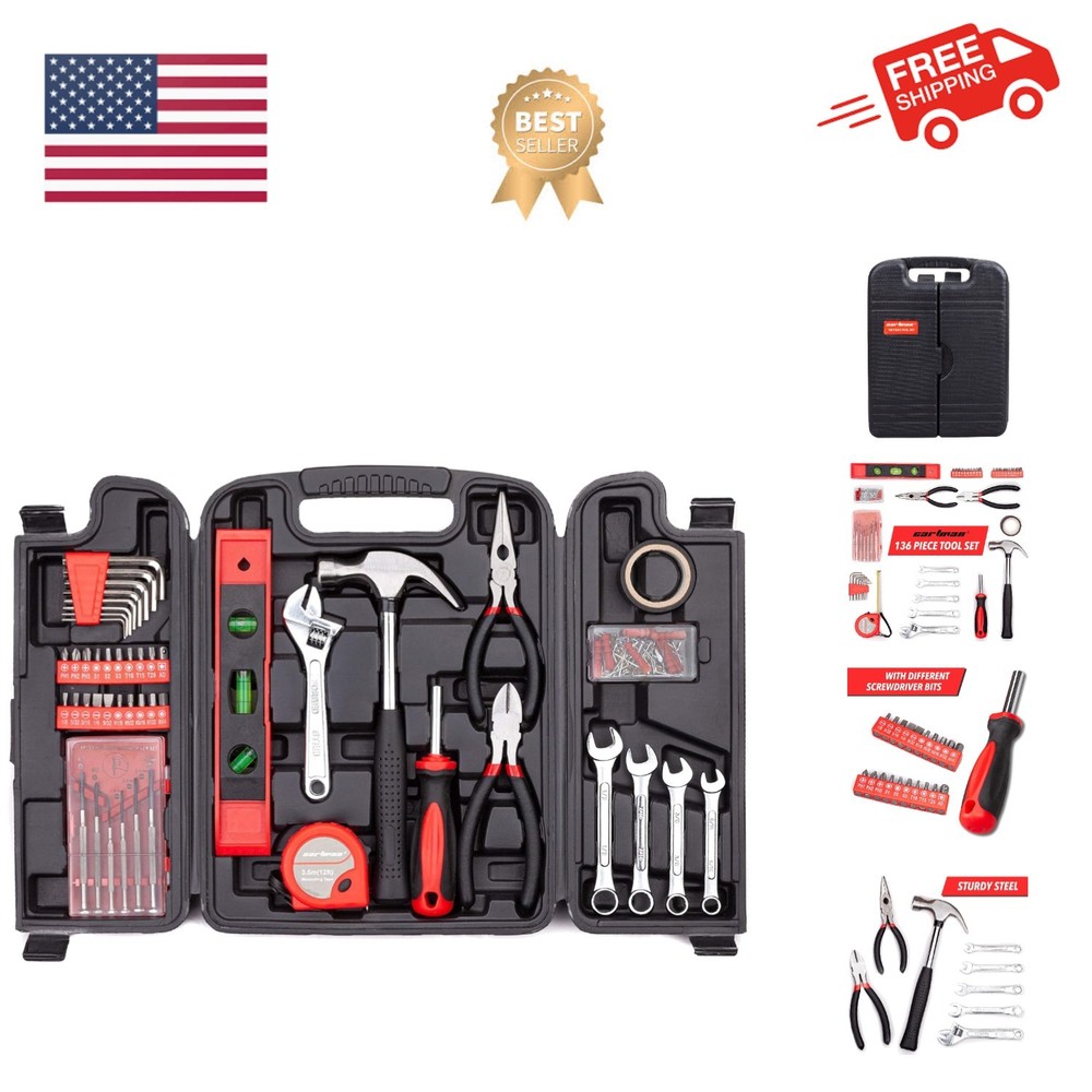 136-Piece Tool Set General Household Hand Tool Kit with Plastic Toolbox Stora...