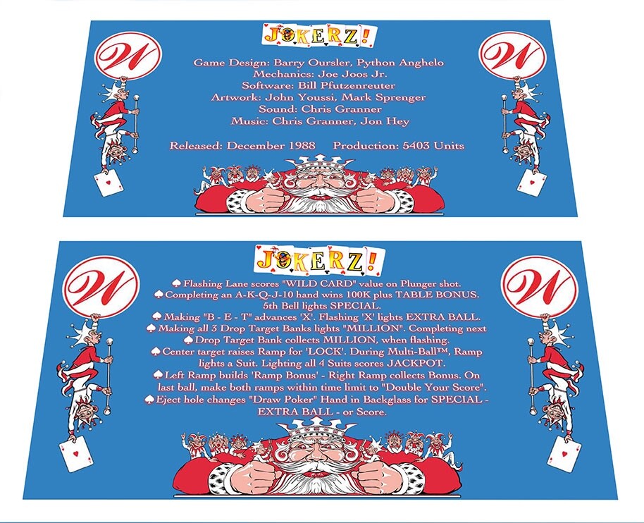 Williams Jokerz! Pinball Custom Apron Instruction Cards