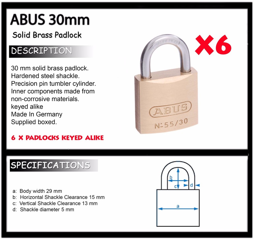 Padlocks ABUS Brass 30mm x6 BULK LOT Keyed Alike High quality