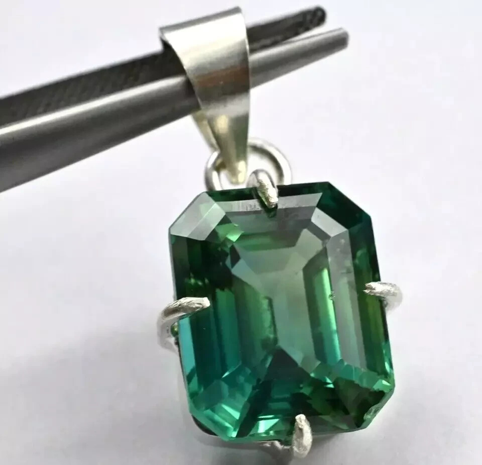 Certified 33.5 Ct+ Natural Emerald 925 Solid Silver Emerald Cut Pendant Gemstone