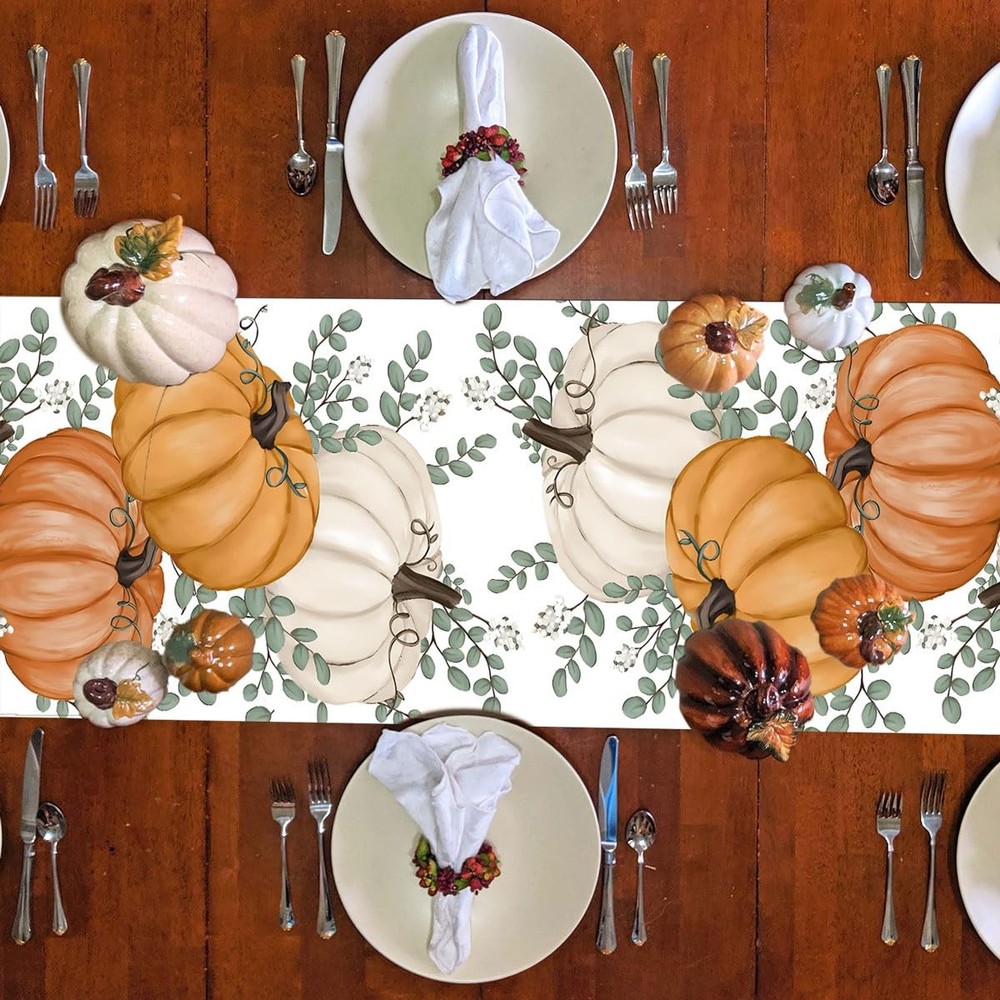 Fall Decorations for Home Fall Table Runners 13×72 Inch Orange Pumpkin Eucaly...