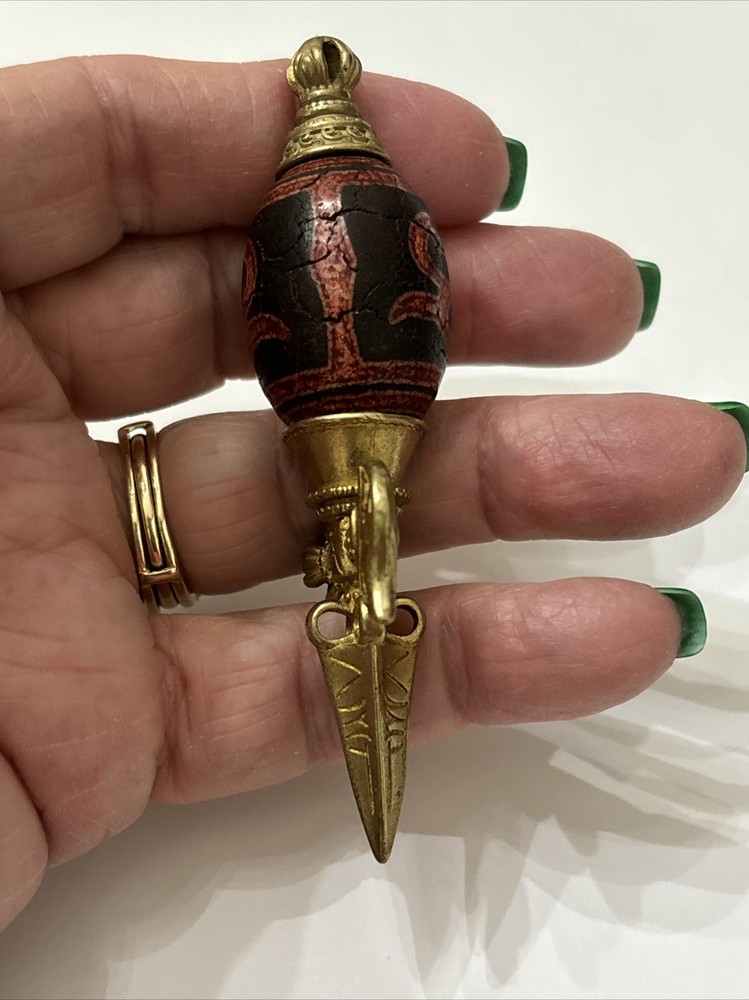 Tibetan Brass Ritual Implement Encased "Wealth god" Dzi Bead