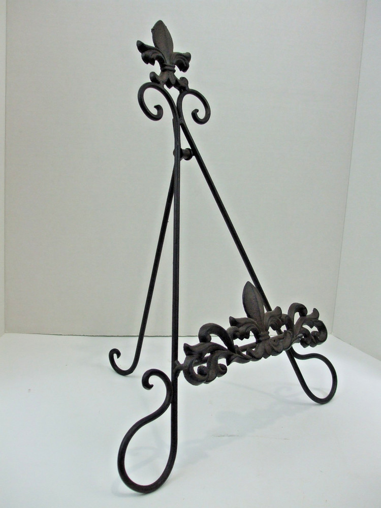 Brown Iron Display Easel Stand Fleur De Lis Design for Plates Art Frames 18"