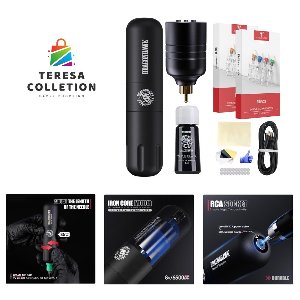 Wireless Tattoo Machine Beginner Complete Kit Rotary Pen 50Pcs Cartridges Nee...
