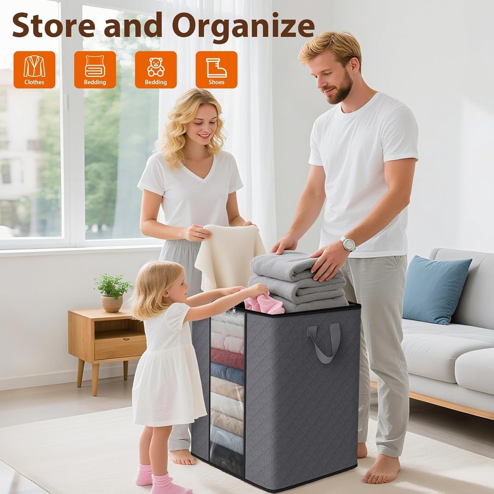 SpaceWhisper 3 Pack 100L Clothes Storage, Foldable Thick Fabric Blanket Storage