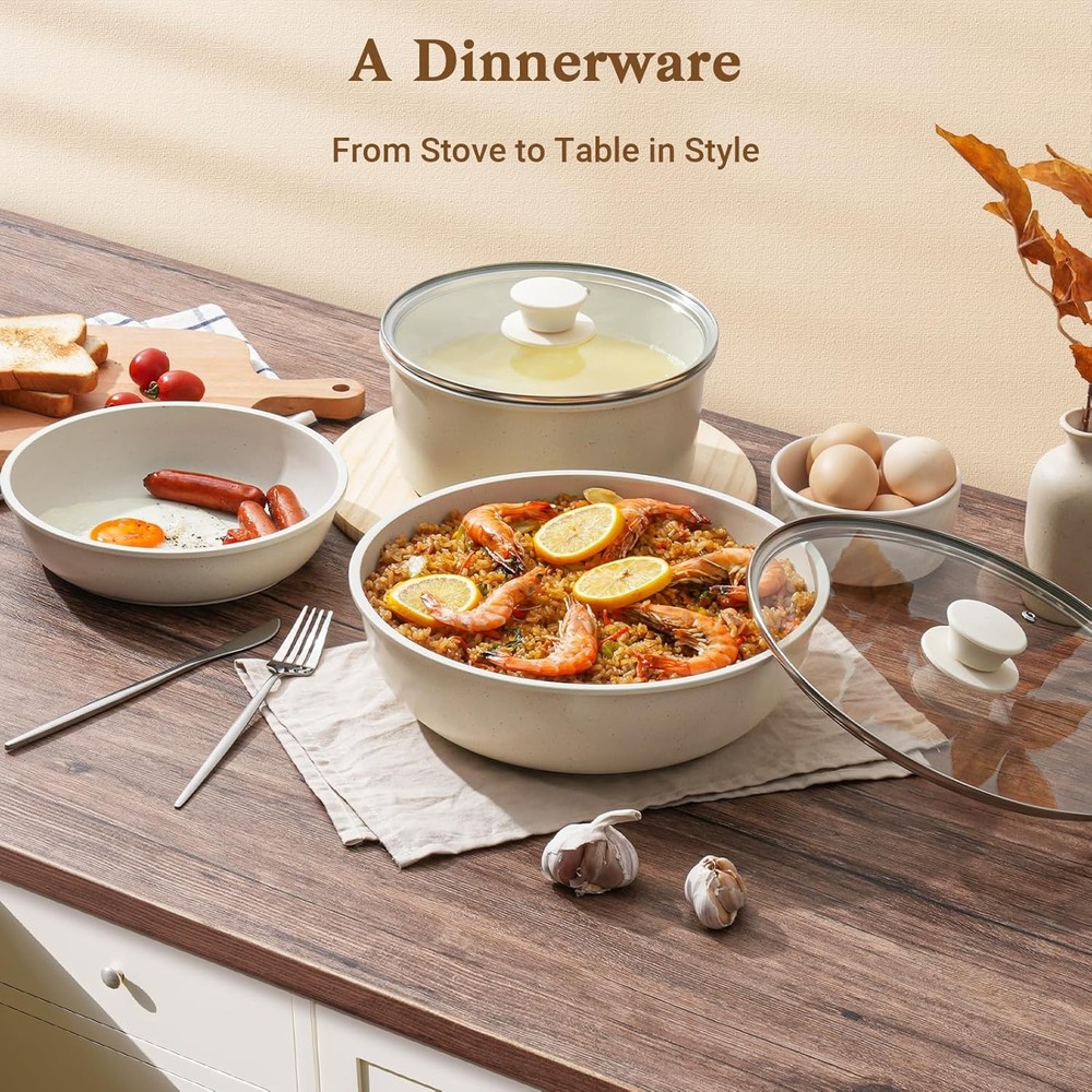 15PC Nonstick Cookware Set Detachable Handle RV Induction Stackable White