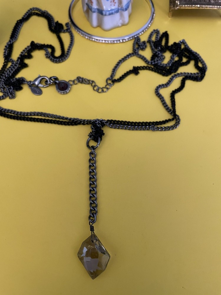 Vtg Express Long Black & Silver Tone Chain W/ Crystal Pendant Nice!