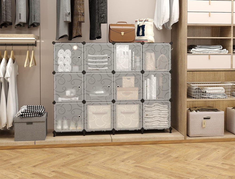 12 Cube Storage Organizer with Doors, DIY Plastic Closet Shelf, Modular Books...