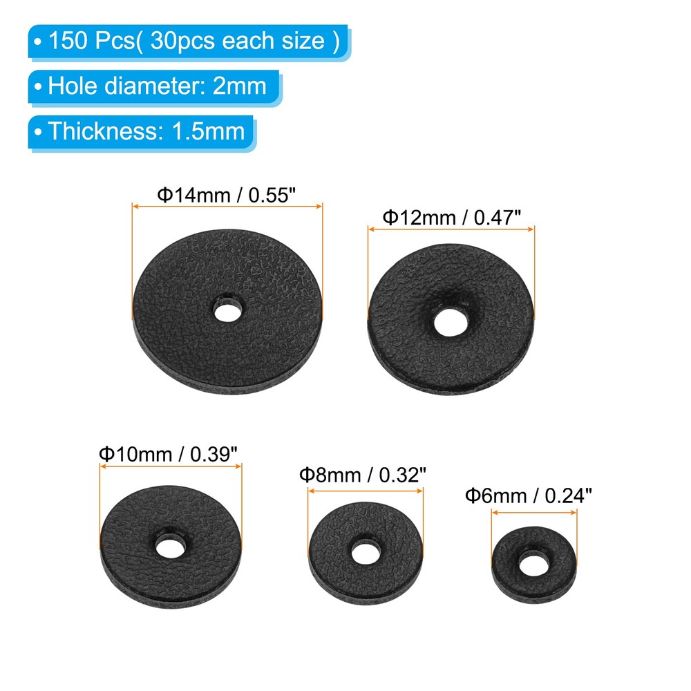150pcs Leather Washers Handle Spacer 1.5 mm Thick Round, 5Sizes, Black