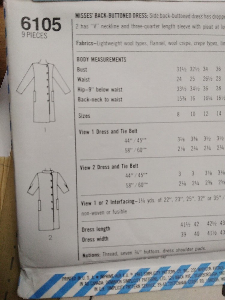 Dress Pullover Modest 12 Simplicity 6105 Sewing Pattern UC Button Back Hardwick