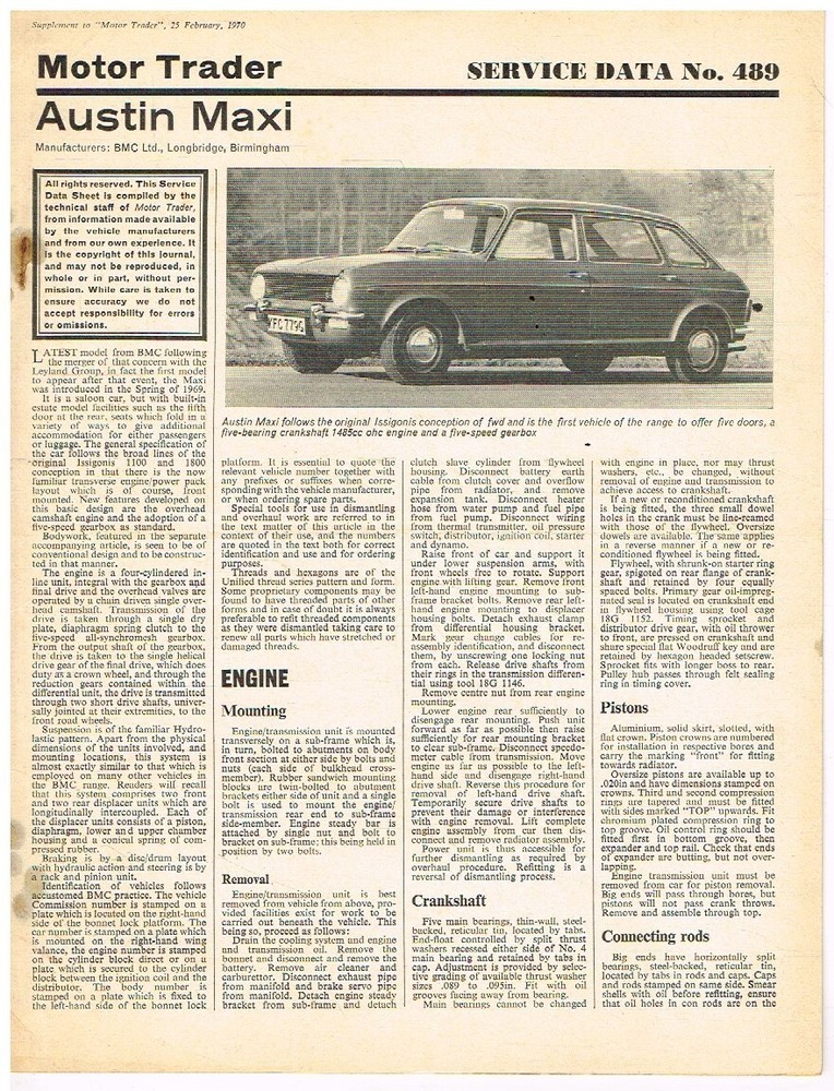AUSTIN MAXI 1500 1969-70 MOTOR TRADER TECHNICAL DATA & SERVICE BULLETIN